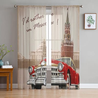 Moskou Vintage Poster Tule Transparante Raamgordijnen Voor Woonkamer De Slaapkamer Moderne Chiffon Voile Organza Gordijnen Decor Gordijnen 135W x 114H(cm) gray