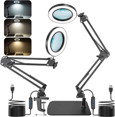 Loeplamp Met LED Verlichting – 15x Vergrootglas met Verlichting - Loeplamp Met Tafelklem Met 3 Verschillende Lichtstanden - Bureaulamp, Werklamp En Leeslamp – borduren – Zwart