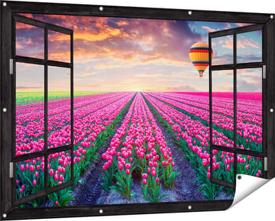 Gards Tuinposter Doorkijk Bloemenveld met Roze Tulpen - Luchtballon - 150x100 cm - Tuindoek - Tuindecoratie - Wanddecoratie buiten - Tuinschilderij