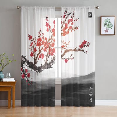 Kersenbloesem Boom Bloemschilderij Chinese Stijl Transparante Gordijnen voor Woonkamer Raamgordijnen Keuken Tule Voile Gordijnen W135 x H115cm x1 white