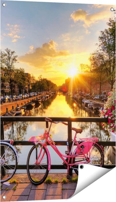 Gards Tuinposter Amsterdamse Brug met Zonsopgang - 60x90 cm - Tuindoek - Tuindecoratie - Wanddecoratie buiten - Tuinschilderij