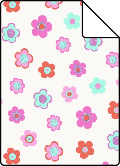 Proefstaal ESTAhome behang vintage bloemetjes roze, turquoise en koraal rood - 26.5 x 21 cm - 138724-S