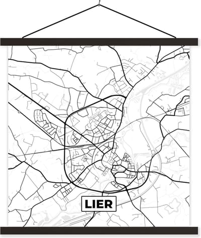 Posterhanger incl. Poster 60x60 cm - Schoolplaat - Zwart Wit – België – Plattegrond – Stadskaart – Kaart – Lier - Textielposter - Zwarte latten - Stadskaart