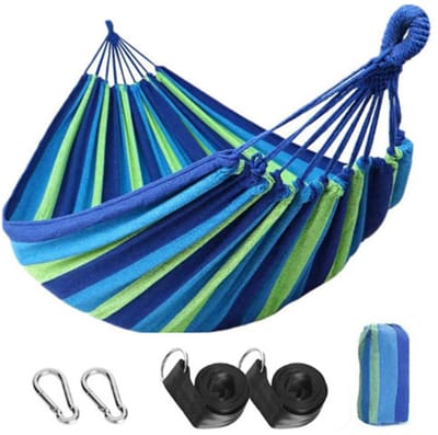 Outdoor katoenen hangmat Multiples 210 x 150 cm, draagvermogen tot 200 kg draagbaar met draagtas voor Patio Yard Garden（blauw）