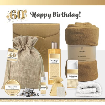 Geschenkset “60 Jaar Happy Birthday!” - 8 producten - 1090 gram - Triomf Cosmetica | Cadeau Vrouw zestig jaar Luxe wellness cadeaubox Giftset voor Haar Gefeliciteerd Gift Set Verjaardag Pakket Vrouw Geschenk Cadeaupakket Verjaardagscadeau Goud