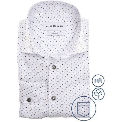 Ledub modern fit overhemd - popeline - wit met blauw dessin - Strijkvriendelijk - Boordmaat: 45