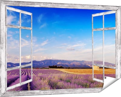 Gards Tuinposter Doorkijk Raam met Lavendel Veld - 150x100 cm - Tuindoek - Tuindecoratie - Wanddecoratie buiten - Tuinschilderij