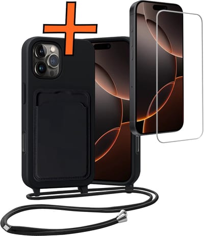 Hoesje Geschikt voor iPhone 16 Pro Max Hoesje Met Telefoonketting Pasjeshouder Case Met Screenprotector Koord - Hoesje Geschikt voor iPhone 16 Pro Max Hoes Met Kaarthouder - Zwart