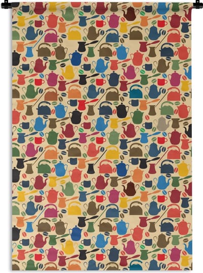 Wandkleed - Wanddoek - Patronen - Koffie - Theepot - Retro - 60x90 cm - Wandtapijt