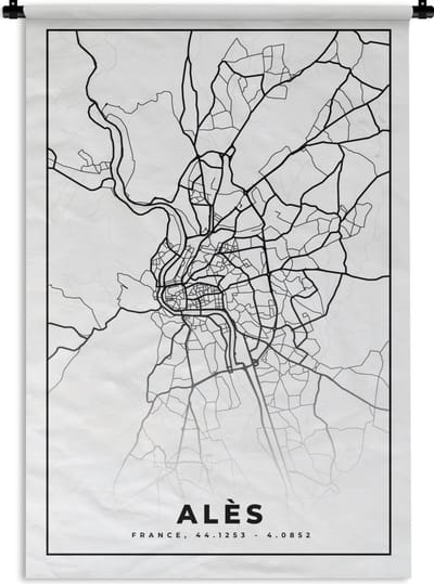 Wandkleed - Wanddoek - Alès - Kaart – Plattegrond – Frankrijk – Stadskaart - Zwart wit - 120x180 cm - Wandtapijt