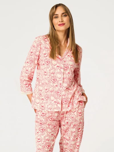 Key Katoenen Dames Pyjama Driekwart Mouw Zomer Bloemenprint Ecru Rood LNS 566 38 / M