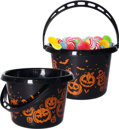 Fiestas Guirca Trick or treat snoep emmertje - 2x - pompoen thema - zwart - 18 x 16 cm - Halloween snoepjes ophalen