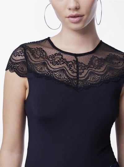 Kanten body - Sinna Bodystocking - kanten body korte mouw zwart - hoge hals - S