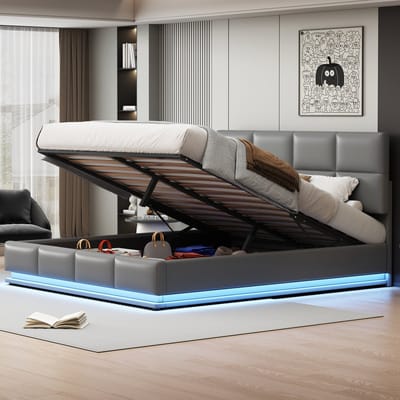 DESMIU Gestoffeerd Bed 180x200 Cm – Bed Met Sfeerverlichting En Verstelbaar Hoofdbord – Opbergruimte Met Gasveer – Voor Slaapkamer Of Logeerkamer – Kunstleer – Cementgrijs – Zonder Matras