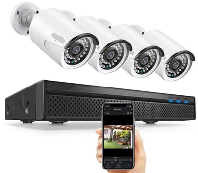 Beveiligingscamerasysteem - 5MP - Openlucht- Bewakingscamera - Beveiligingscamera - IP66 Waterdichte - met 8-Kanaals NVR – Complete IP Camera Surveillance Kit voor Buiten - 1TB HDD - 4 Stuks - Wit