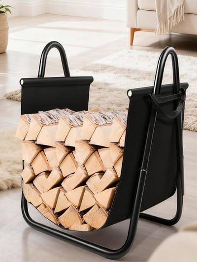 Brandhoutrek met tas - Houthouder mand - Haardhout opslag - Stabiele driehoekbasis - 46 x 43 x 52 cm - Zwart