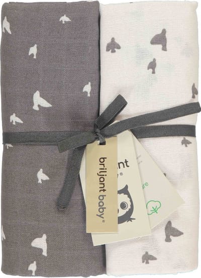 Briljant Baby Hydrofiel Multidoek XL Birds - Swaddle - Inbakerdoek - Antraciet - 120x120 - 2 Stuks - Organic