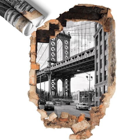 Wallfluent 3D Muursticker - Stadslandschap 3D Wandsticker Gat In De Muur - 58x60 cm - Zwart 3D Sticker Gat In Stenen Muur - 3D Sticker Optische Illusie Gat - Zelfklevende Muursticker 3D Gat - Zelfklevende 3D Wandsticker Illusie