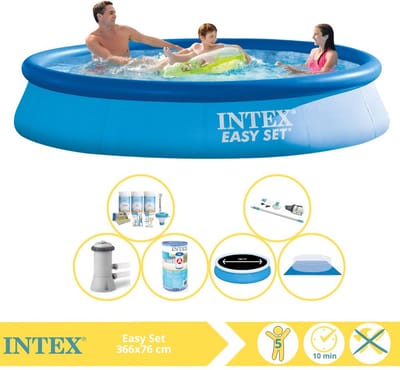 Intex Rond Opblaasbaar Easy Set Zwembad - 366 x 76 cm - Blauw - Inclusief Pomp - Solarzeil - Onderhoudspakket - Filter - Grondzeil - Stofzuiger - 7-delig