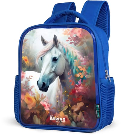 NoBoringSuitcases.com® - Rugzak blauw - Schooltas jongens - Paard - Wit - Bloemen - Bladeren - Kinder rugtas jongen - Boekentas kind - Kinderrugzak voor school - Schoolrugzak