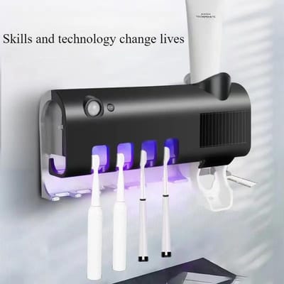 1 stuks beugeltype automatische tandenborstel- en tandpastadispenser set, stofdichte wandgemonteerde tandpastadispenser voor badkamer black