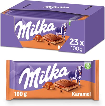 Milka Chocolade Reep Karamel - Doos 23 x 100g - Chocoladerepen en Tabletten - Voorraad - Verjaardag Cadeau Vrouw of Man - Geschenkset voor Man en Vrouw