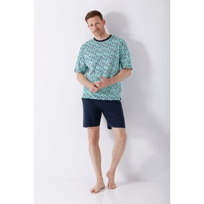 Hajo heren shortama turquoise blokjespatroon - Blauw - Maat - 48
