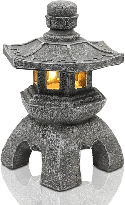 Pagode-decoratie op zonne-energie voor buiten, tuinfiguren, Zen tuin, Japanse decoratie voor woonkamer, balkon, terras, cadeaus voor vrouwen, mama, waterdichte zonnelamp, tuin, grijs