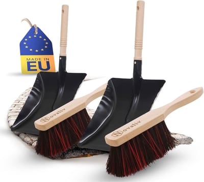 2x stoffer en blik set stoffer en blik handborstel Arenga & ELASTON BRISTLES stoffer en blik metaal zwart geverfd stoffer en blik handveegset stoffer en blik bezem borstel en stoffer en blik