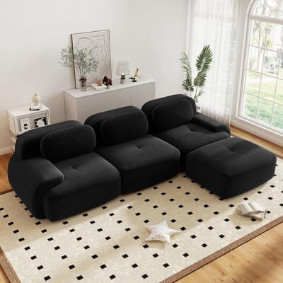 Moderne Hoekbank, L-Bank, 3-Zitsbank, Moderne 298 cm Brede, Converteerbare Hoekbank met Voetenbank, L-vormige Modulaire Corduroy Bank, Samendrukbare Bank voor 3-6 Personen voor de Woonkamer, Extra Diepe Zitting, Geen Montage Nodig-Zwart
