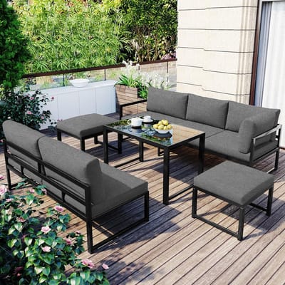 Tuinmeubelset 5 Personen Aluminium Lounge Set met Verstelbare Rugleuning, Inclusief Kussens en Salontafel – Modern Grijs Buitenmeubilair voor Tuin, Balkon en Terras – 5-delige Loungeset Laura
