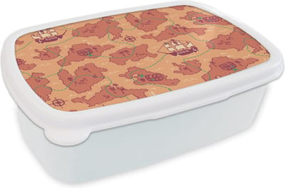 Broodtrommel Wit - Lunchbox - Brooddoos - Piraat - Kaart - Patronen - Kinderen - 18x12x6 cm - Volwassenen