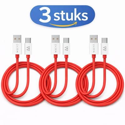 3 Stuks - WAEYZ USB-A naar USB-C Kabel 1 Meter – 5A Snellader Oplaadkabel – Rood Snoer Voor o.a. Telefoon - Tablet - Laptop