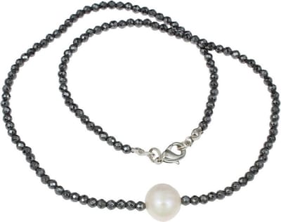 Zoetwater parelketting met edelsteen Hematite Pearl W - echte parel - sterling zilver (925) - hematiet - wit - zwart - zilver - luxe sieraden zakje - parelketting dames