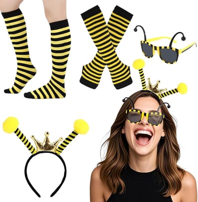 Complete Bijen Kostuum Set voor Volwassenen met Antenne Hoofdband, Zonnebril, Gestreepte Kousen en Lange Handschoenen voor Halloween en Cosplay Feestjes