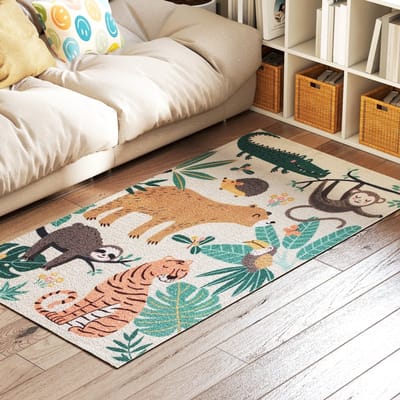 Speelkleed-Teppich-Dschungel Motief Kinderteppich Cremewit Meerkleurig Polyester Sherpa Fleece Antislip Onderhoudsvriendelijk