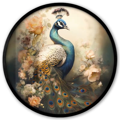 Poster in lijst Rond - Fotolijst 40x40 cm - Posters - Pauw - Pauwenveren - Bloemen - Vogels - Botanisch - Ronde posterlijst zwart - Decoratie - Wanddecoratie woonkamer - Muurdecoratie slaapkamer