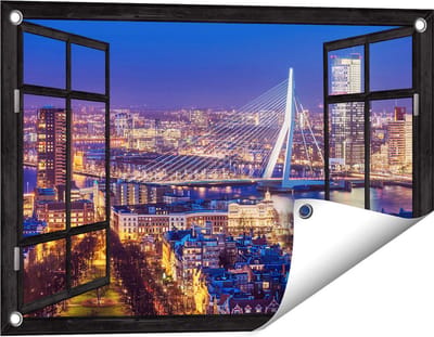Gards Tuinposter Doorkijk Rotterdamse Skyline met de Erasmusbrug - 60x40 cm - Tuindoek - Tuindecoratie - Wanddecoratie buiten - Tuinschilderij