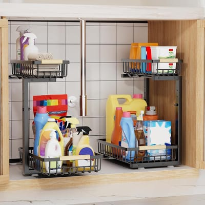2-Tier Onder Sink Plank, 40 x 31 cm, In Hoogte Verstelbaar 35,5 - 43 cm, Keukenorganizer voor Wastafel, Zwart, Ruimtebesparend en Multifunctioneel