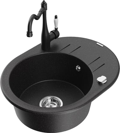 Mexen Kevin granit gootsteen met 1 bak, met afdruiprek en keukenmengkraan Carla, zwart/zilver metallic - 6517-73-670700-70
