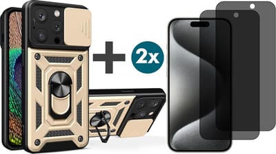 Hoesje met Privacy screenprotectors 2 stuks Geschikt voor iPhone 15 Pro Max met Ringhouder en Camera schuifje - Arara backcover - Goud