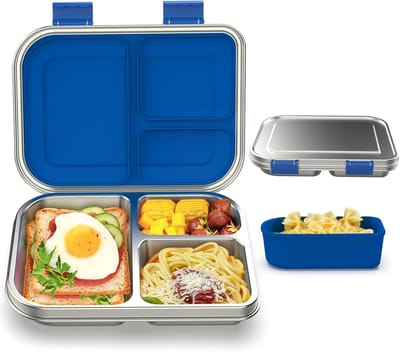 Famanu – Roestvrijstalen lunchbox - lunchbox voor kinderen - metalen bento lunchbox - lekvrij - 3 vakken met siliconen houder - vaatwasmachinebestendig - kindvriendelijk design voor school - picknick en reizen