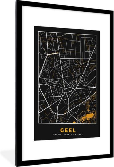 Fotolijst incl. Poster - Geel - Stadskaart - Kaart - Goud - Plattegrond - 60x90 cm - Posterlijst