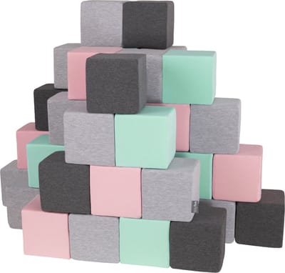 KiddyMoon Zachte Blokken voor Baby 48 Stuks - Montessori speelgoed 1 jaar - Speelmat foam - Foam blokken speelgoed kinderen XXL - Montessori baby - Zachte baby speelgoed - Schuimrubber speeltoestel - Baby speeltuin - Lichtgrijs-Donkergrijs-Roze-Munt