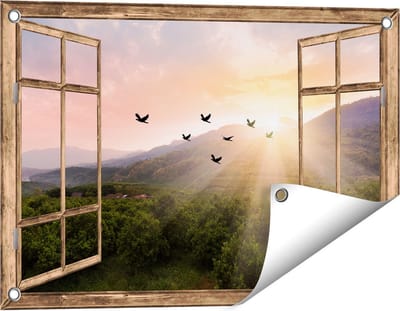 Gards Tuinposter Doorkijk Silhouet Zwerm Vogels bij Zonsondergang - 60x40 cm - Tuindoek - Tuindecoratie - Wanddecoratie buiten - Tuinschilderij