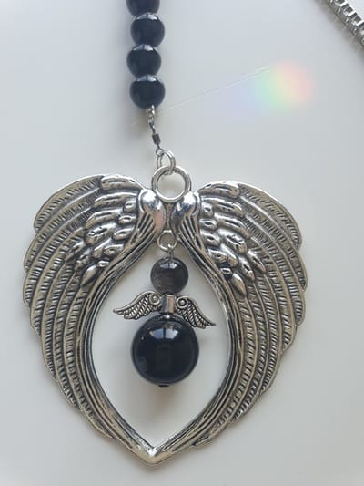 Guardian Angel Wings van Zilver Obsidiaan Halfedelsteen kralen ( Auto hanger, Raamhanger ) bescherm engel, raam decoratie, meditatie engel, Feng Shui, Kerst engel, baby shower cadeau, kerst pakket cadeau, geluk engel