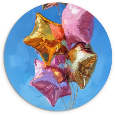WallCircle® Wandcirkel 120x120 cm - Muurcirkel Ballonnen - Goud - Stervorm - Roze - Muurdecoratie woonkamer - Wanddecoratie slaapkamer - Kamer decoratie accessoires - Ronde schilderijen XXL