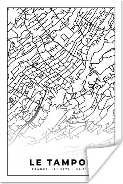 Poster Stadskaart - Plattegrond - Kaart - Le Tampon - Frankrijk - Zwart wit - 120x180 cm XXL