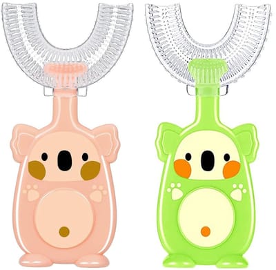 Dailygoods - U-vormige tandenborstel, U-vormige tandenborstel voor kinderen, handmatige tandenborstel voor 360° reiniging (roze + groen)