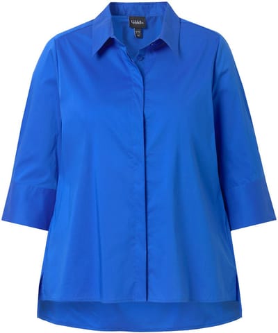 Ulla Popken - Dames - Overhemdblouse achterplooi A-lijn overhemdkraag 3/4-mouwen - Pauwenblauw - Maat 54+